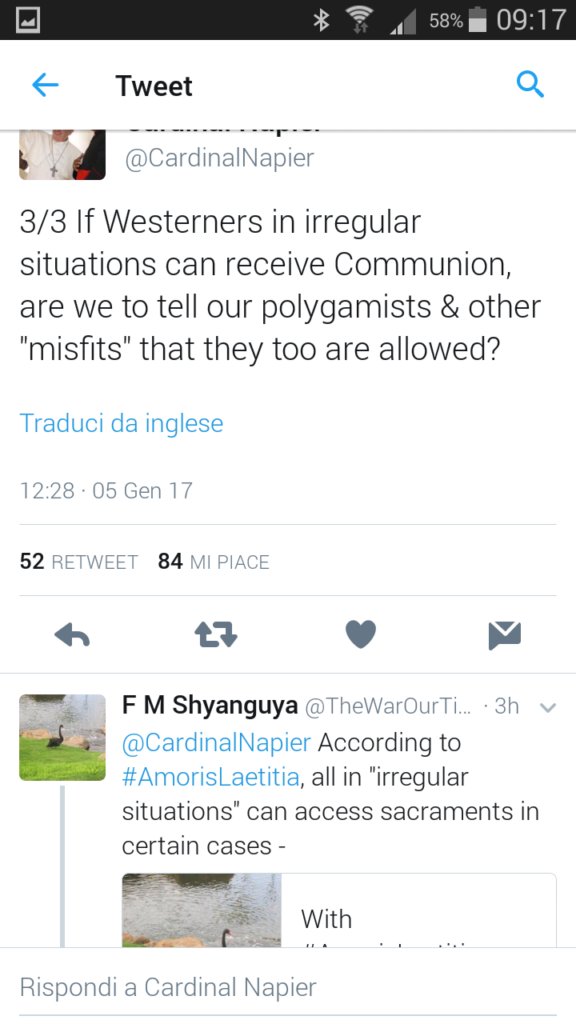 Card. Napier: con l’Amoris laetitia anche i nostri poligami in Africa possono ricevere l’eucarestia? Il sesto dubia… – di Marco Tosatti